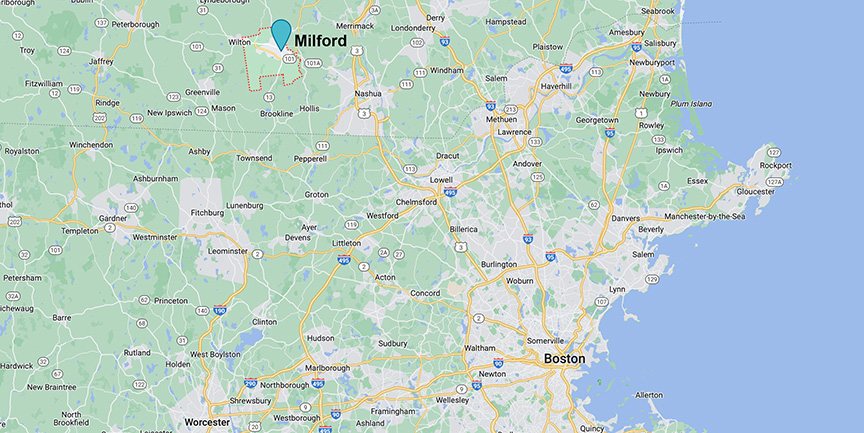 Map showings Milford New Hampshire in relation to Boston Massachusetts