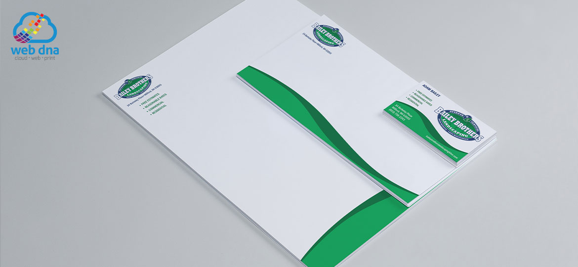 Stationary design consisting of business cards, letterhead, and envelopes for Bailey Brothers Landscaping