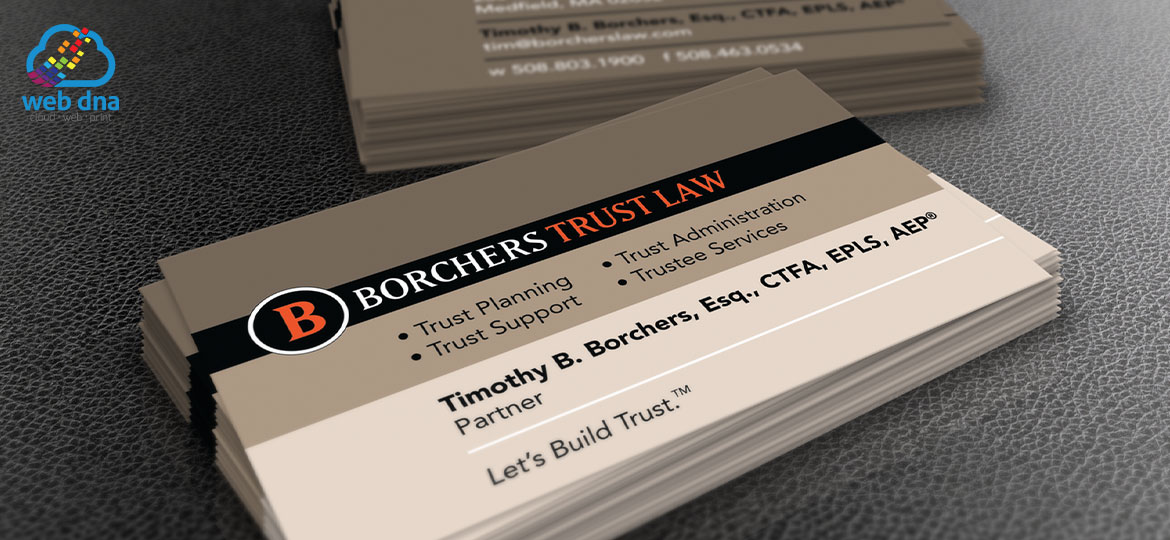 Close up view of business cards designed for Borchers Trust Law firm designed by Web DNA.