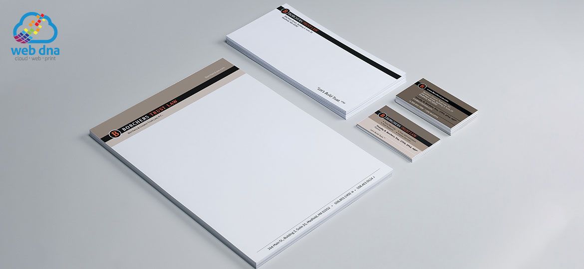 Business cards, letterhead, and envelopes design for Borchers Trust Law firm designed by Web DNA.