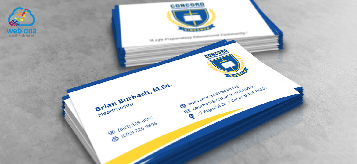 Close up view of business cards designed by Web DNA for Concord Christian Academy.