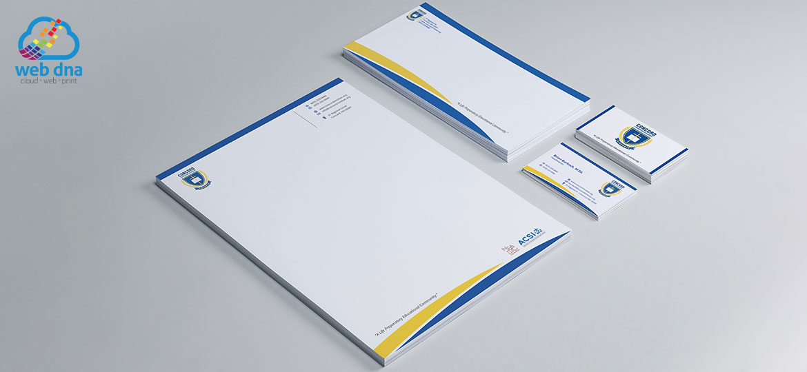 Business cards, letterhead, and envelopes design by Web DNA for Concord Christian Academy.