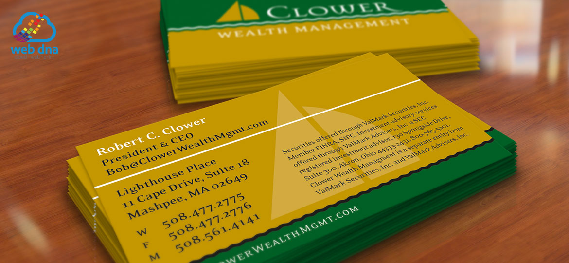 Close up view of business cards designed by Web DNA for Clower Wealth Management.