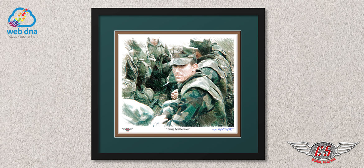 C5 Artwork's Limited Edition digitally sketched and professionally framed art piece depicting young US Marine during field exercises.