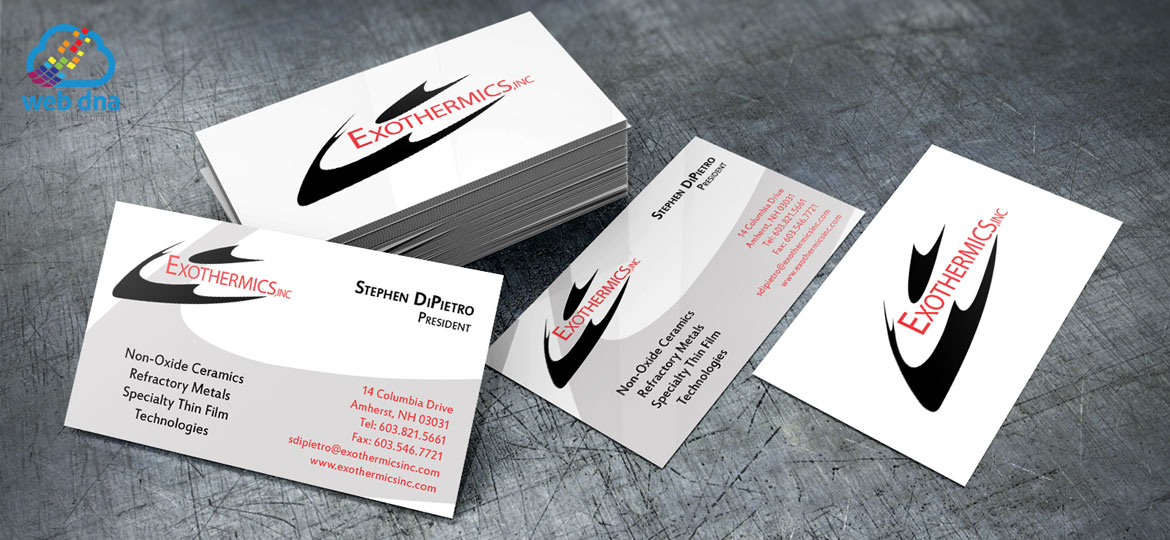 Business cards designed by Web DNA for Exothermics, Inc. stacked on table for display.
