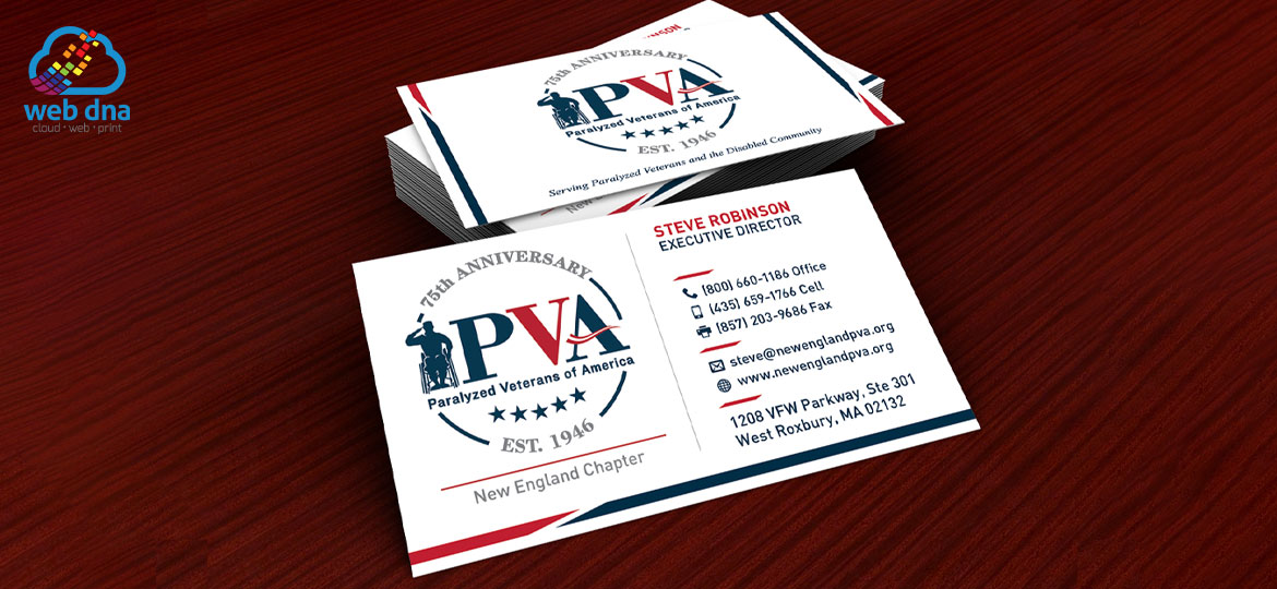 Close-up view of business cards designed by Web DNA for New England Paralyzed Veterans of America.