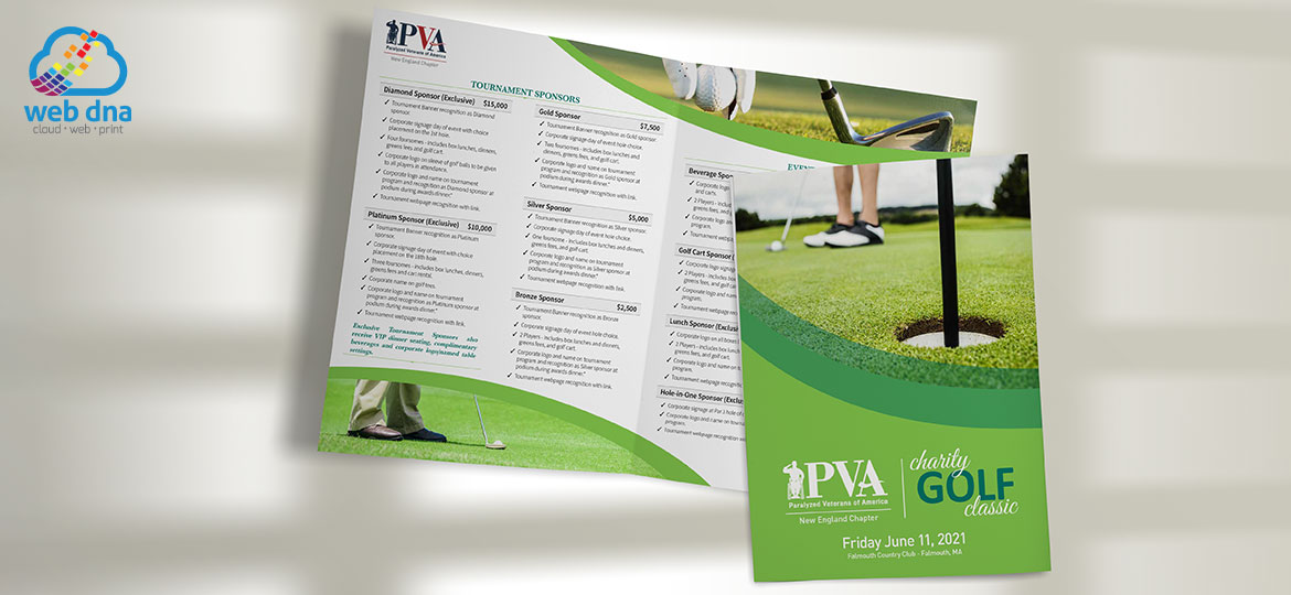 Golf tournament sponsorship bifold brochure designed y Web DNA for New England Paralyzed Veterans of America.