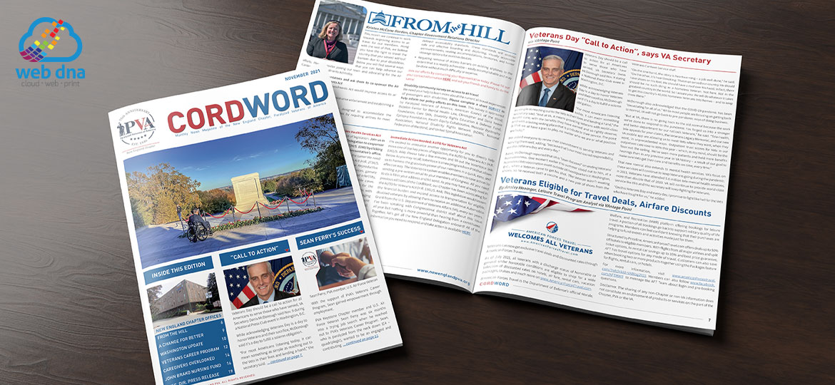 Monthly newsletter designed and published by Web DNA for New England Paralyzed veterans of America.