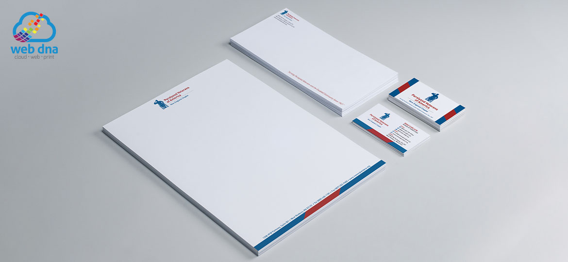 Business cards, letterhead, and envelopes designed by Web DNA for New England Paralyzed Veterans of America.