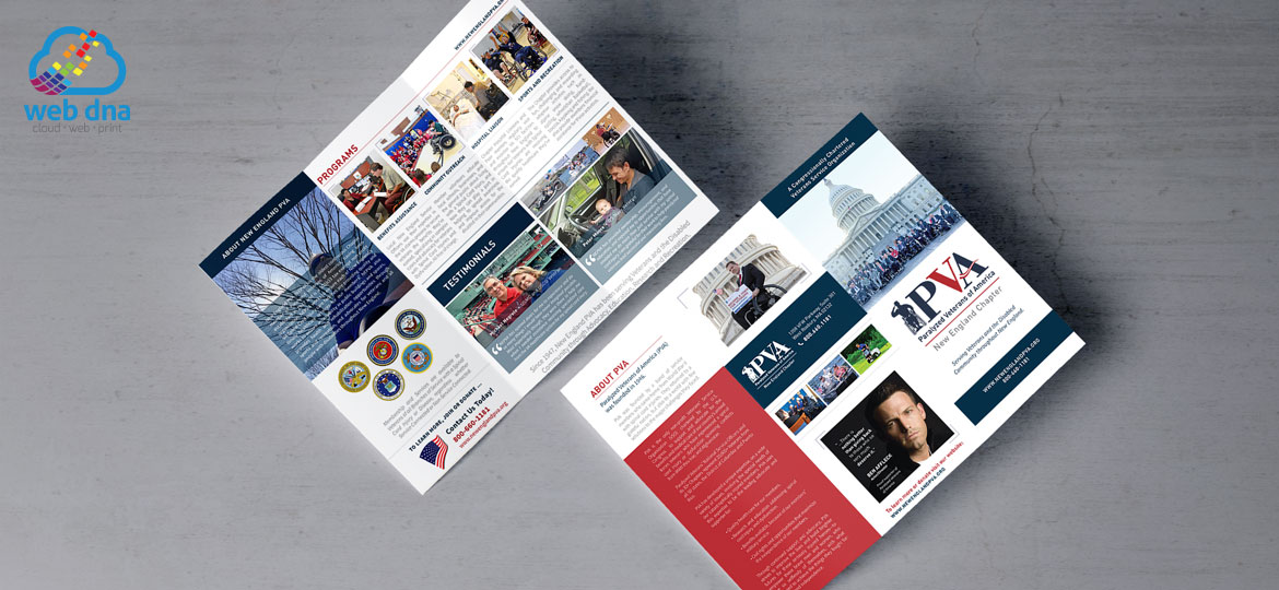 Tri-fold advertising brochure design by Web DNA for new England Paralyzed Veterans of America.