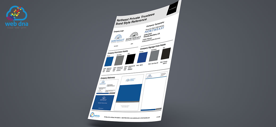 Brand styling reference sheet designed by Web DNA for Northeast Private Trustees estate management firm.