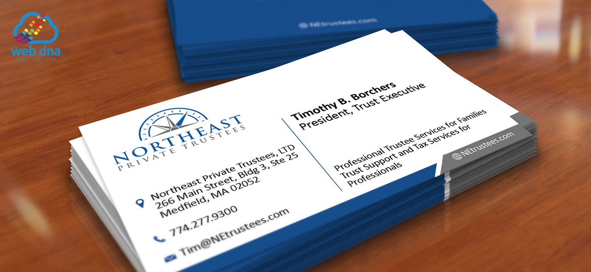 Close up view of business cards design by Web DNA for Northeast Private Trustees estate management firm.