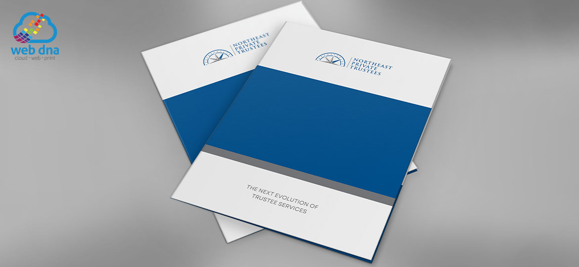 Presentation pocket folders designed by Web DNA for Northeast Private Trustees estate management firm.