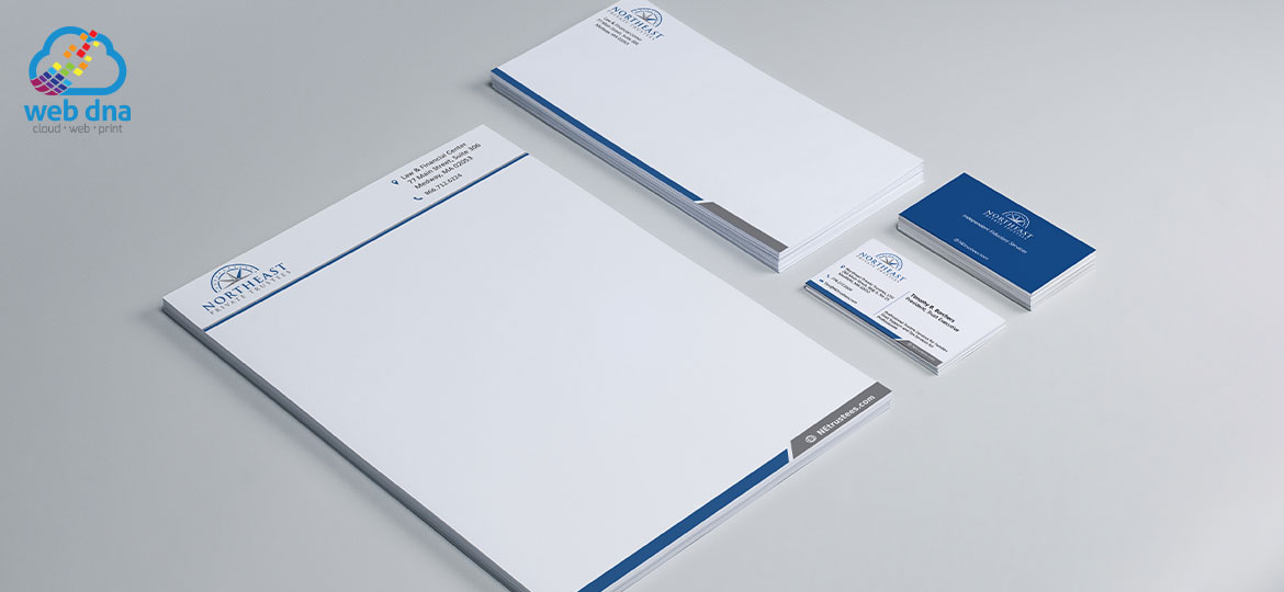 Business cards, letterhead, and envelopes design by Web DNA for Northeast Private Trustees estate management firm.