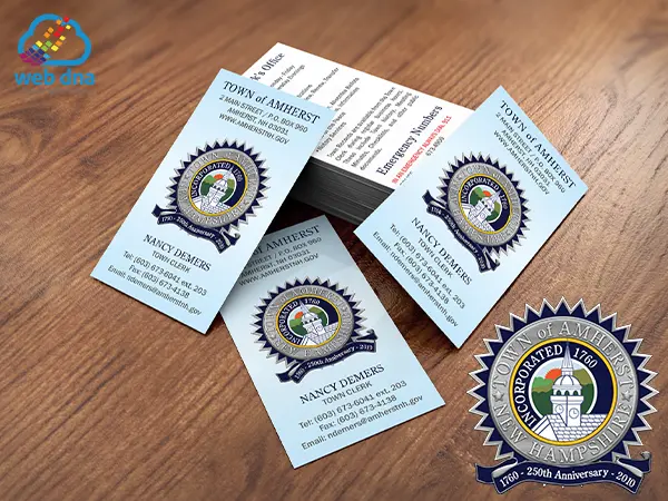 250th anniversary business card designed by Web DNA for the Town of Amherst display on office counter top.