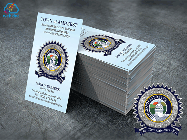 Business cards for Town of Amherst, NH stacked on table