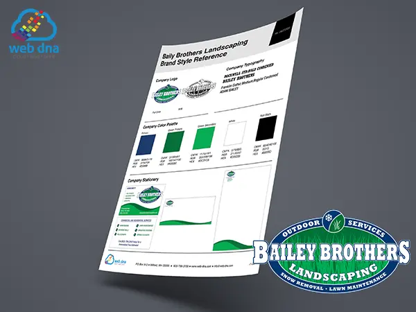 Business cards, letterhead, and envelopes designed by Web DNA for Bailey Brothers Landscaping company.