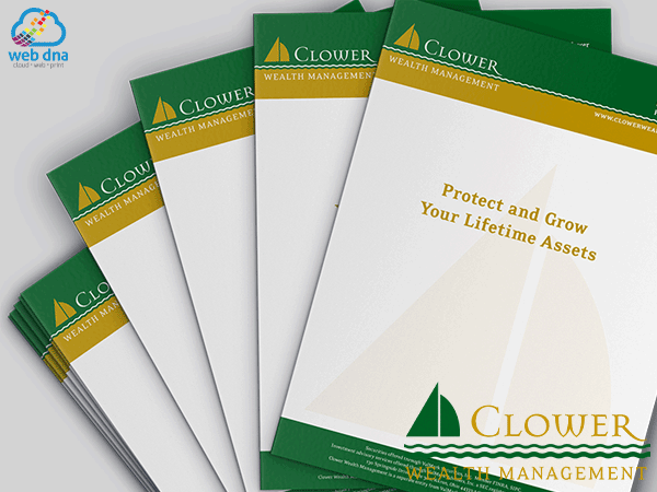 Presentation pocket folders stacked on the table for Clower Wealth Management