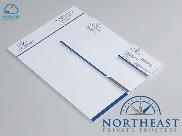 Stationary design consisting of business cards, letterhead, and envelopes for Northeast Private Trustees 
