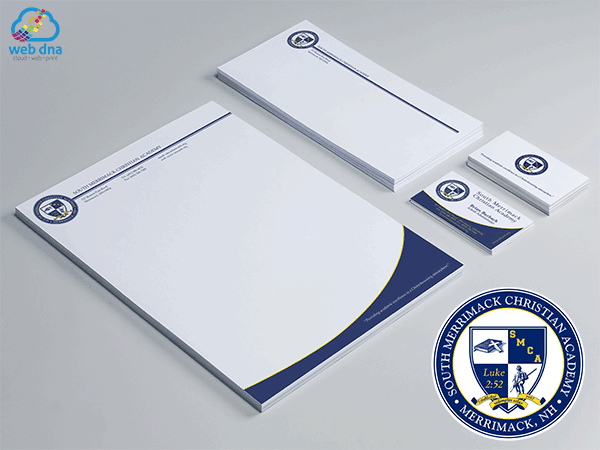 Business cards, letterhead, and envelopes design by Web DNA for South merrimack Christian Academy.